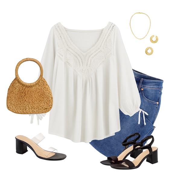 Wishlist Tops - Wishlist Lace Blouse M/L White Boho Romantic V-Neck Long Sleeve